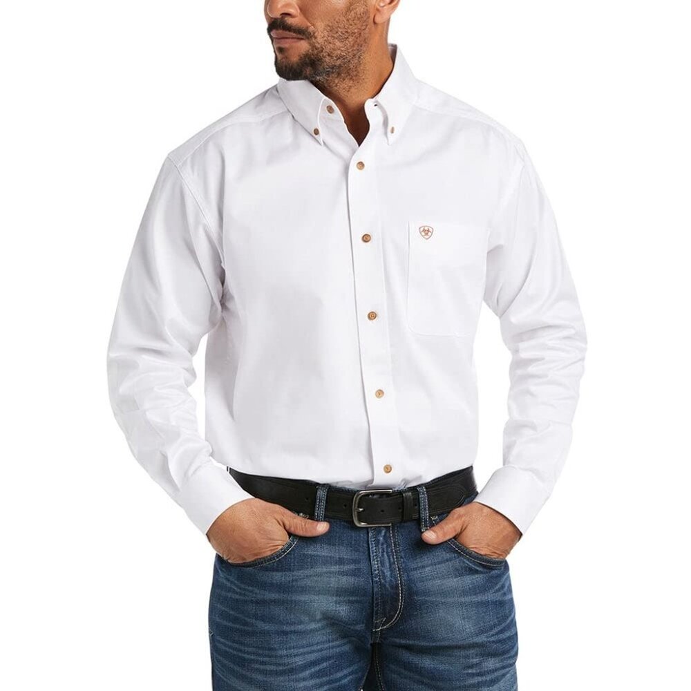 NWT Ariat Mens Medium Solid White Twill Long Sleeve Button Up Shirt